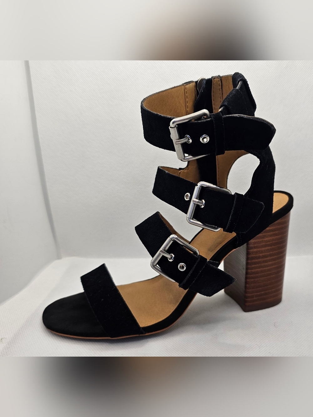 Crown vintage Elsey shoes sandal sz 6 black zipper suede booties buckle block he